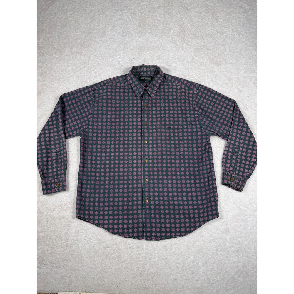 Neil Martin Button‎ Down Shirt Mens L Green Pink Diamond Print Excellent Vintage